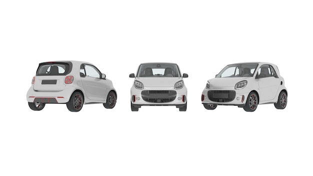Renderização em 3D, mini nano carro branco Frente traseira e lado isolado em fundo branco elétrico urbano