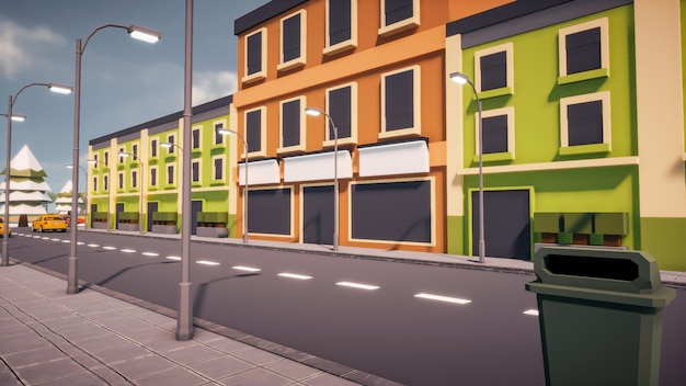 Renderização em 3D Paisagem da rua da cidade velha criada com computador de baixo poli