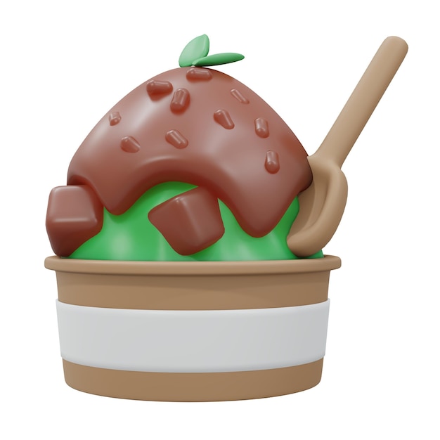 Renderização em 3d para ir xícara de chá verde sorvete de feijão vermelho gelo macio isolado no estilo de desenho animado de renderização 3d branco
