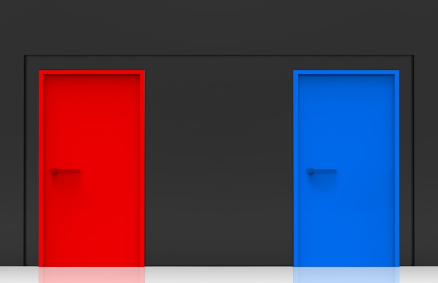 Renderização em 3d. Portas azuis e vermelhas na parede de cimento preto. duas opções para escolher ou selecionar o futuro conceito.