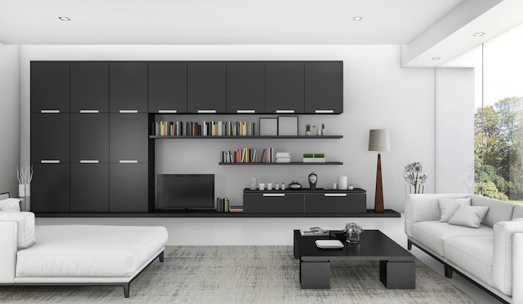 Foto renderização em 3d preto construído na prateleira e sofá-cama na sala de estar