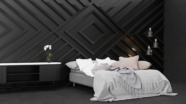 Renderização em 3D quarto moderno escuro com papel de parede geométrico preto