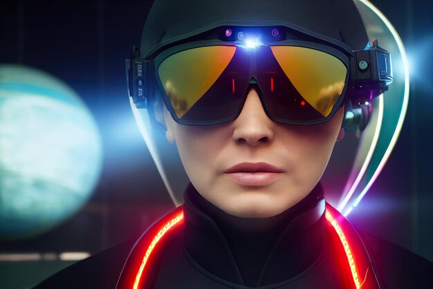 Renderização em 3D Retrato de uma mulher futurista de ficção científica vestindo um macacão tático e uma ciência