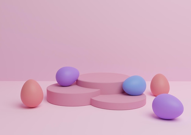 Renderização em 3D rosa da composição do pódio de exibição de produtos com tema de Páscoa ovos coloridos mínimos