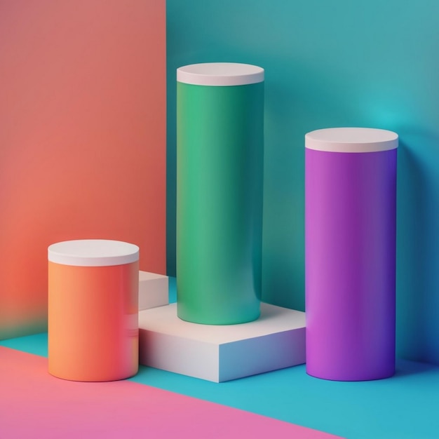Foto renderização em 3d suportes ou pedestais de cilindros brancos coloridos para apresentação de produtos