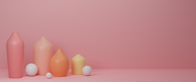 Renderização em 3D vasos de cerâmica decorados para casa rosa e pote no fundo rosa com espaço de cópia ilustração 3D