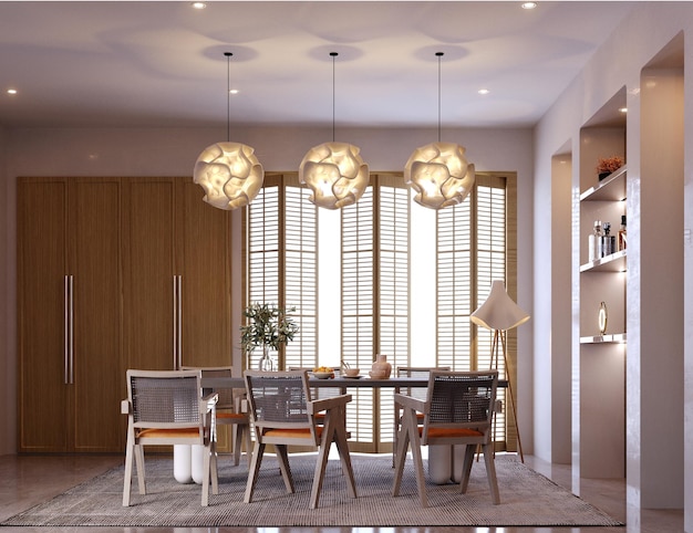 Renderização em 3dilustração em 3d cena interior e mockupdinning room interiordecore as paredes com prateleiras embutidas