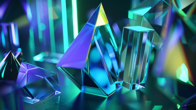 Renderização em paleta de cores abstratas 3D com formas geométricas de vidro iluminadas em azul e verde