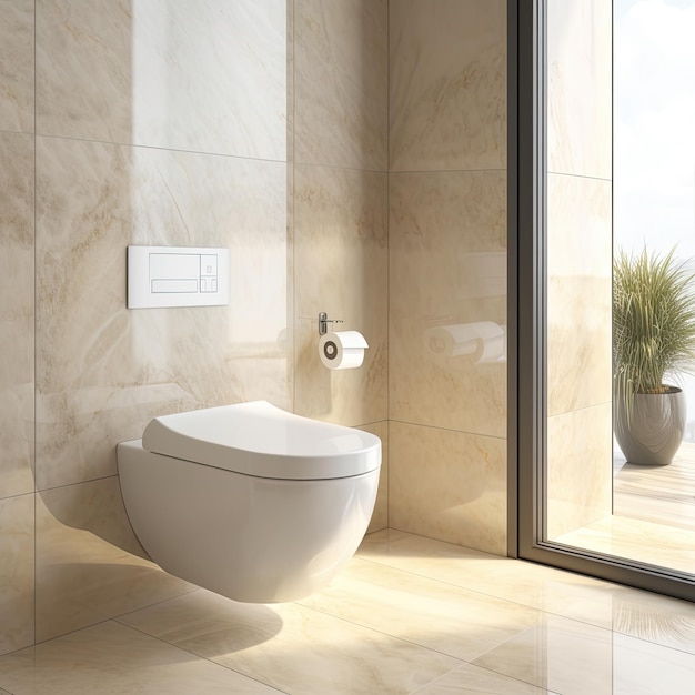 Renderização ilustrativa do interior de um banheiro moderno com vaso sanitário flutuante as paredes são de alto design