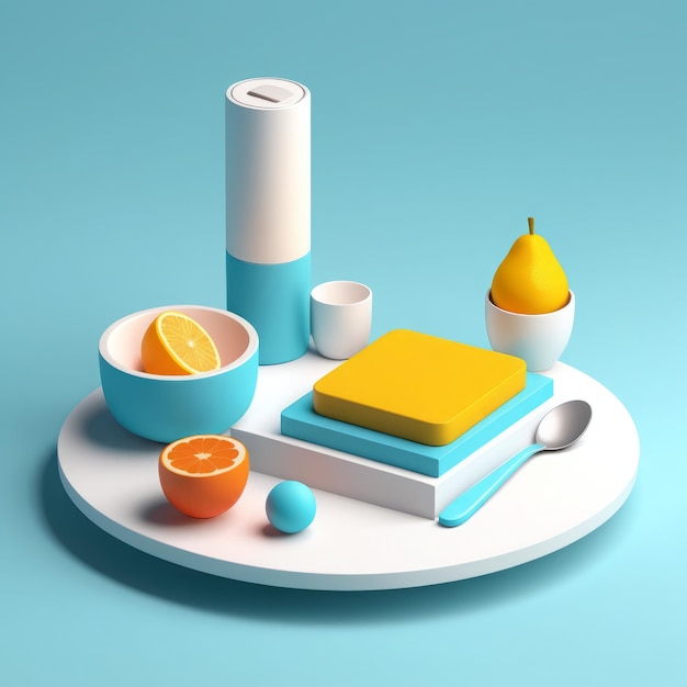 renderização minimal 3d de mesa de cozinha moderna com comida e frutas em fundo azul minimal 3d ren