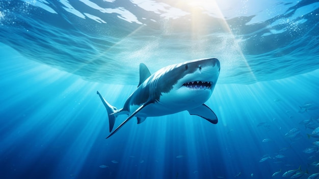 Renderização realista de grande tubarão branco no oceano com raios de luz