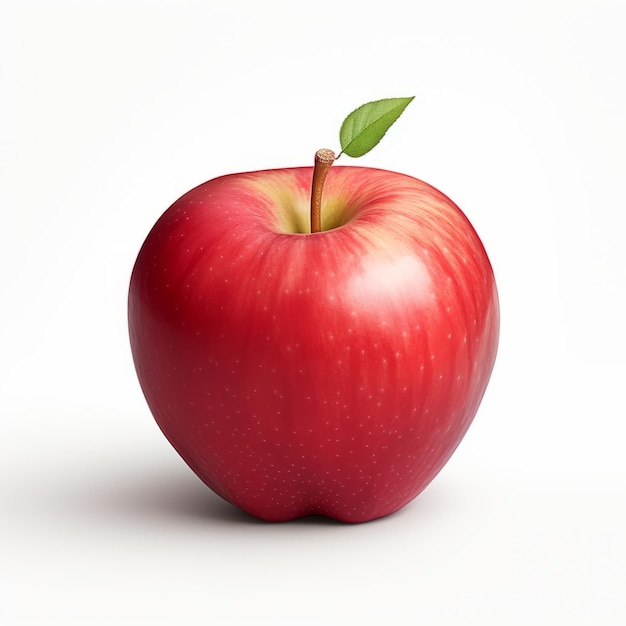 Renderização realista de maçã vermelha com folhas verdes sobre fundo branco