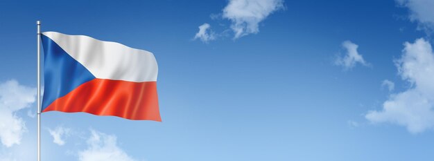 Renderização tridimensional da bandeira da República Tcheca isolada em um céu azul Ilustração 3D de banner horizontal
