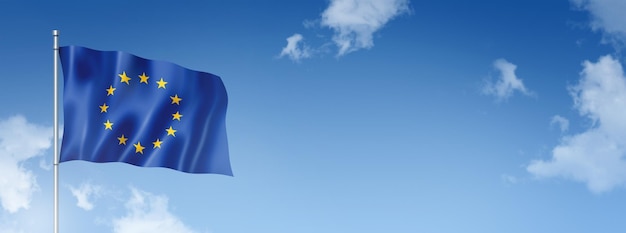 Renderização tridimensional da bandeira da União Europeia isolada em um céu azul Ilustração 3D de banner horizontal