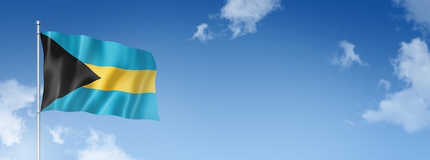 Renderização tridimensional da bandeira das Bahamas isolada em um céu azul Ilustração 3D de banner horizontal