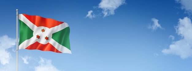 Renderização tridimensional da bandeira do Burundi isolada em um céu azul Ilustração 3D de banner horizontal