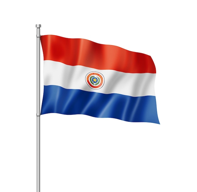 Renderização tridimensional da bandeira do Paraguai isolada em branco