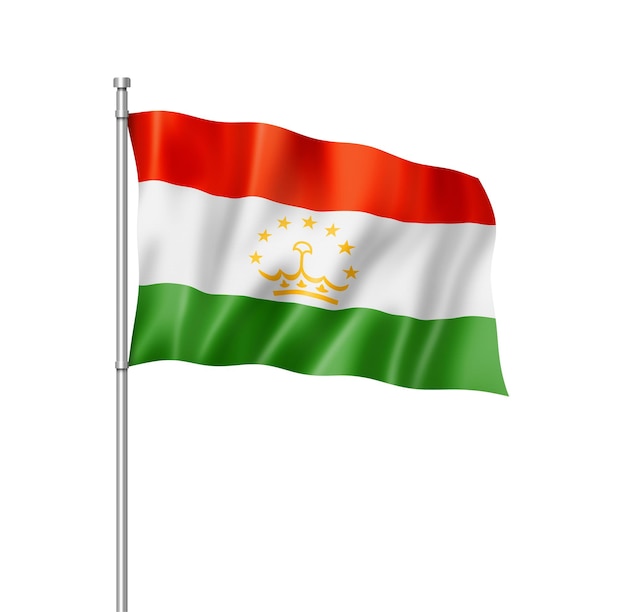 Renderização tridimensional da bandeira do tajiquistão isolada em branco