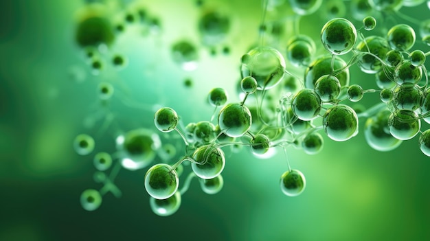 Renderização tridimensional de um aglomerado macromolecular de bolhas verdes