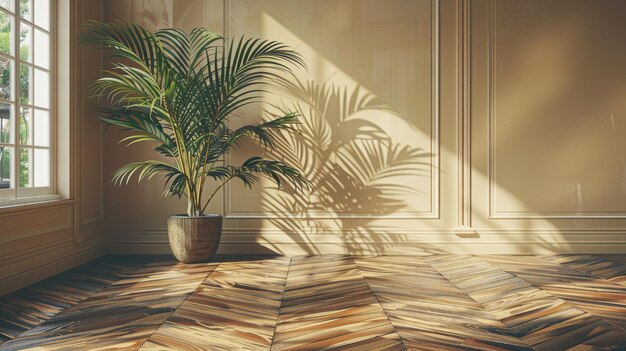 Foto renderização tridimensional de um quarto de sótão contemporâneo moderno com uma planta de piso de parquet de parede bege e janela