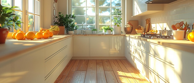Renderização tridimensional de uma cozinha moderna com um balcão leve, pia, fogão, forno, utensílios de cozinha e gavetas por baixo