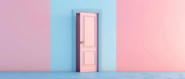 Renderização tridimensional de uma porta pastel em uma parede azul e rosa