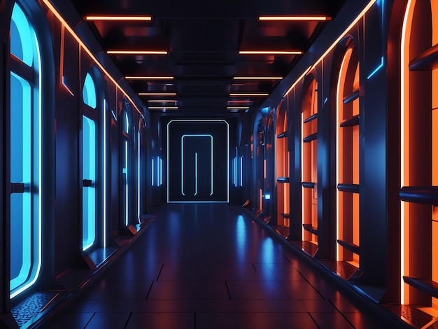 Renderização tridimensional do corredor futurista escuro iluminado por luzes de néon azuis e laranja
