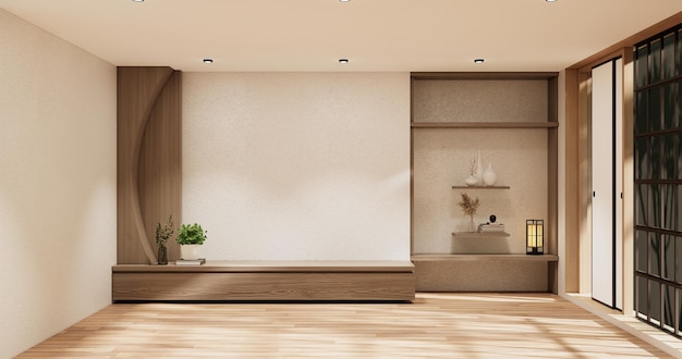 Renderização wabisabi interior de madeira de sala de gabinete em 3D