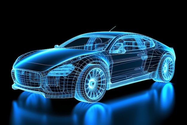 Renderização wireframe de carro elétrico autônomo da carroceria do lado direito Imagem 3D do conceito Digital Twin Generative ai