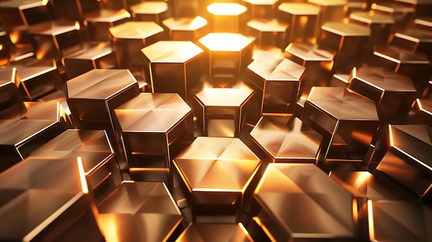 Renderización 3D abstracta de una superficie geométrica dorada con formas hexagonales