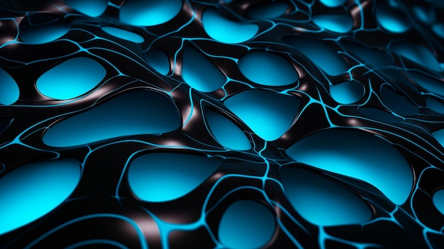 Renderización 3D abstracta de una superficie ondulada con agujeros azules brillantes y textura brillante negra
