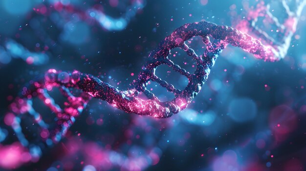 Renderización 3D de un ADN brillante Concepto de estructura de los genomas moleculares de la bioquímica