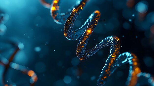 Renderización 3D de un ADN brillante Concepto de estructura de los genomas moleculares de la bioquímica