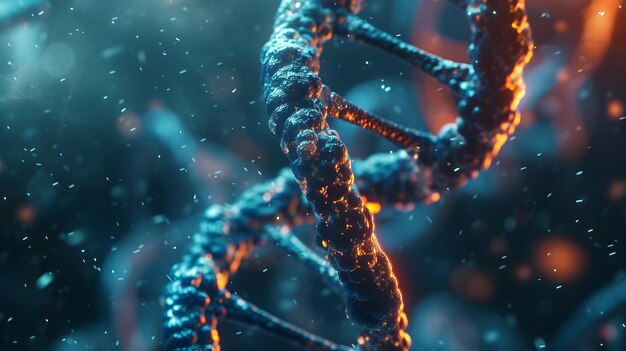 Renderización 3D de un ADN brillante Concepto de estructura de los genomas moleculares de la bioquímica