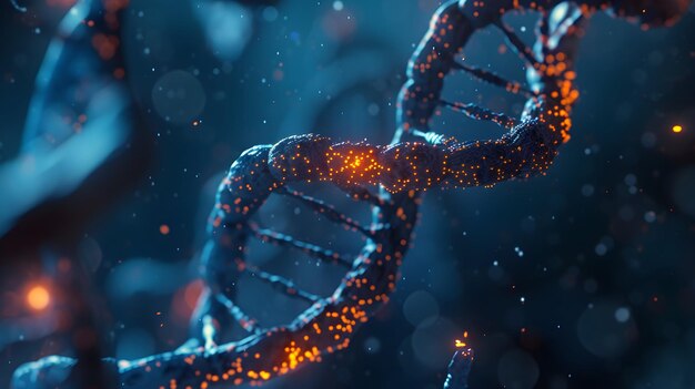 Renderización 3D de un ADN brillante Concepto de estructura de los genomas moleculares de la bioquímica