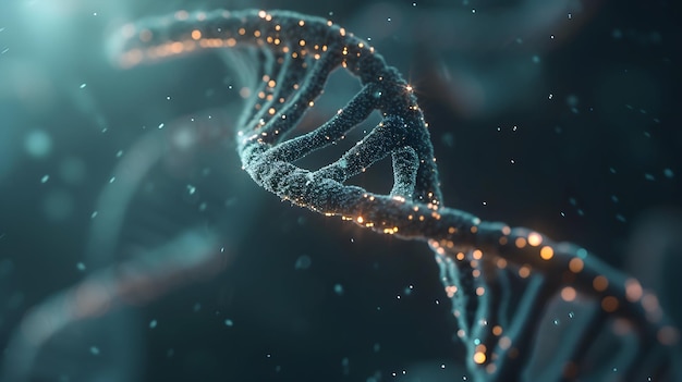Renderización 3D de un ADN brillante Concepto de estructura de los genomas moleculares de la bioquímica
