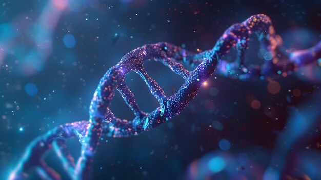 Renderización 3D de un ADN brillante Concepto de estructura de los genomas moleculares de la bioquímica