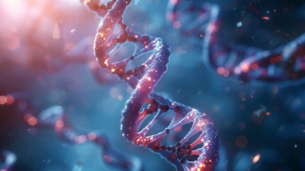 Renderización 3D de un ADN brillante Concepto de estructura de los genomas moleculares de la bioquímica