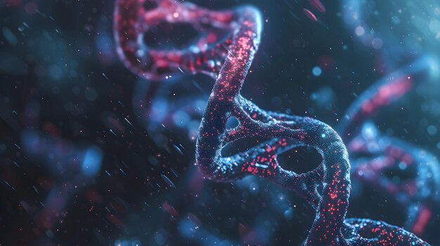 Renderización 3D de un ADN brillante Concepto de estructura de los genomas moleculares de la bioquímica