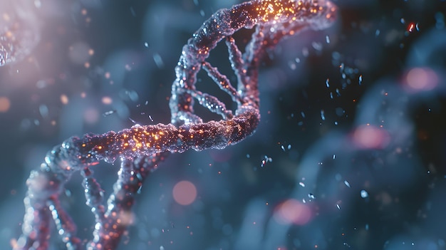 Renderización 3D de un ADN brillante Concepto de estructura de los genomas moleculares de la bioquímica