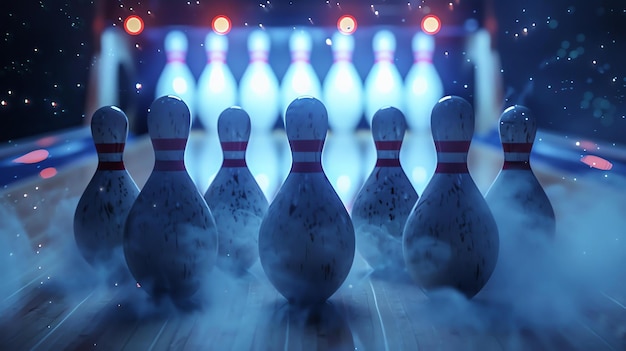 Foto renderización 3d de alfileres de bolos y una pelota de bolos en un carril de madera