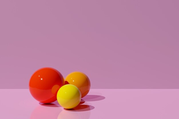 Renderización 3D de algunas esferas coloridas en fondo rosa