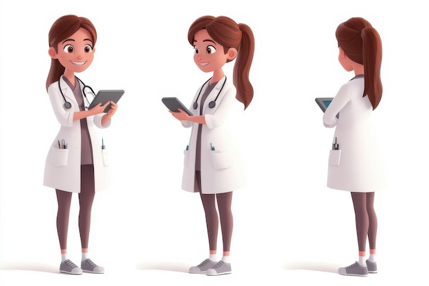 Renderización 3D de un animado médico con una tableta que muestra varias perspectivas