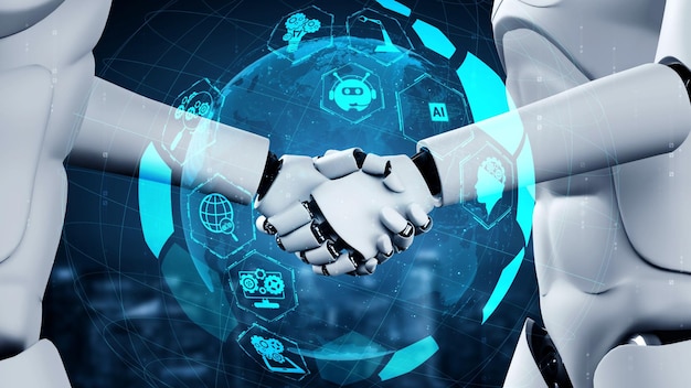 Renderización en 3D del apretón de mano del robot hominoide para colaborar con la tecnología futura