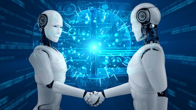Renderización en 3D del apretón de mano del robot hominoide para colaborar con la tecnología futura