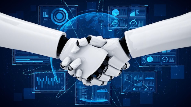 Renderización en 3D del apretón de mano del robot hominoide para colaborar con la tecnología futura