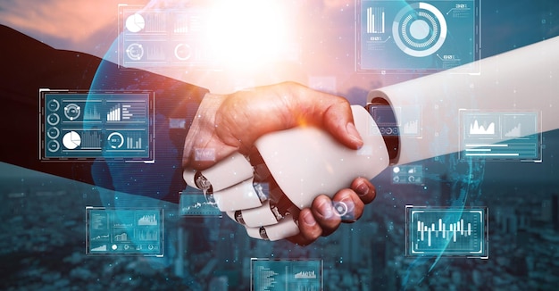 Renderización en 3D del apretón de mano del robot hominoide para colaborar con la tecnología futura