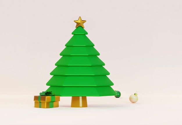 Renderización 3D del árbol de Navidad con regalos y bolas