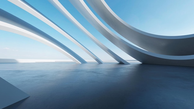 Renderización 3D de arquitectura futurista abstracta con suelo de hormigón vacío Escena para la presentación de automóviles