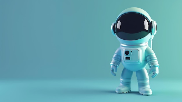 Foto renderización 3d de un astronauta lindo con una cabeza grande y un cuerpo pequeño el astronauta lleva un traje espacial blanco con una visera azul